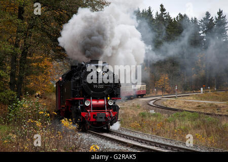 Dampf-Lokomotive und Zug der Harzer Schmalspurbahnen auf dem Weg zum Berg Brocken, Harz, Wernigerode, Sachsen-Anhalt Stockfoto