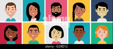 Satz von vielfältigen Avatare für Profilbilder. Verschiedener Nationalitäten, Kleidung und Frisuren. Niedlich, flache Cartoon-Stil Stock Vektor