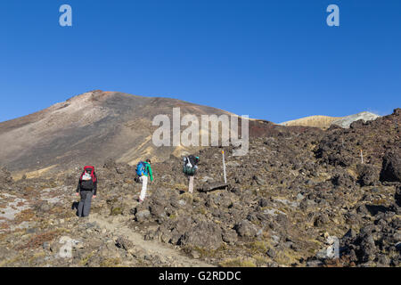 Tongariro-Nationalpark, New Zealand - 1. März 2015: Touristen Wandern auf den Tongariro Crossing. Stockfoto