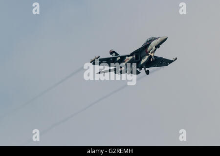 Eine Boeing EA-18G Growler Jet-Kampfflugzeug mit der VAQ-141, US Navy Electronic Attack Squadron, bekannt als die 'Shadowhawks', die über Kanagawa, Japan fliegen Stockfoto