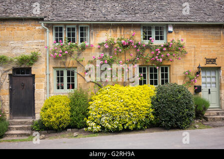 Cotswold Steinhütte Fenster mit rosa Rosen umgeben. Stanton, Cotswolds, Gloucestershire, England Stockfoto