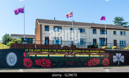 "Bei unterging der Sonne und am Morgen werden wir sie erinnern" Zitat Loyalist Wandbild auf Hurling Anwesen. Stockfoto