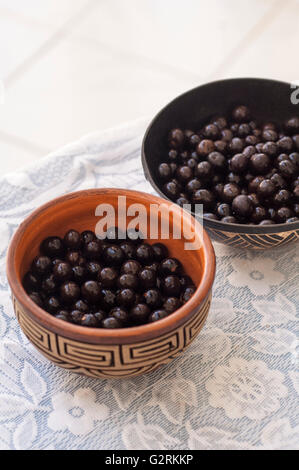 Zwei Icoaraci Schalen mit frischen nass Acai Beeren auf ein weißes Tuch Stockfoto