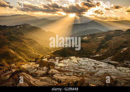 Sonnenuntergang über den Tiger Mund Reis Felder in Yuanyang Stockfoto