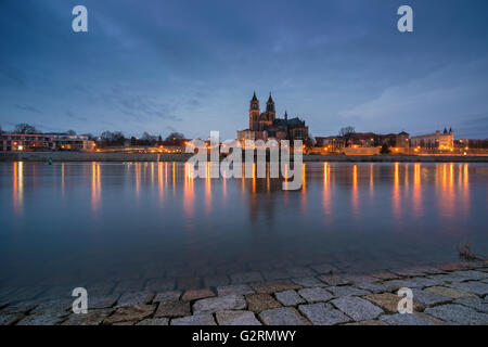 Magdeburger Dom und den Fluss Elbe in der Abenddämmerung Stockfoto