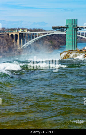 Touristen auf Rainbow Bridge über den Niagara River Gorge von amerikanischer Seite in der Nähe von Niagara Falls. Es ist eine Bogenbrücke zwischen den Vereinigten Staaten von Amerika und Kanada. Stockfoto