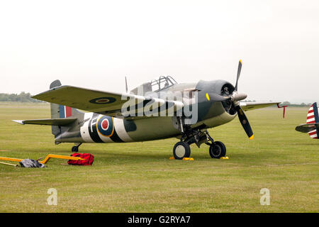 Eine Grumman FM-2 Wildcat-Flugzeug auf dem Boden am Flughafen von Duxford, Cambridge UK Stockfoto