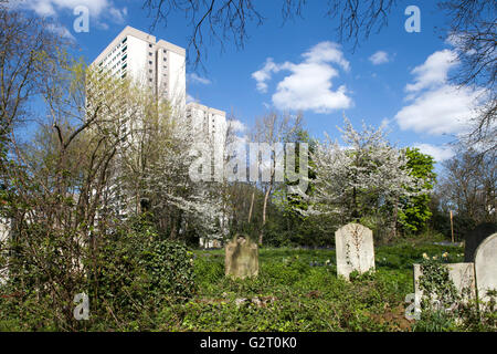 LONDON, Vereinigtes Königreich - 25 April: Pet-Friedhof in London am 25. April 2015. Tower Hamlets Cemetery Park in der Nähe modernes Gebäude Stockfoto