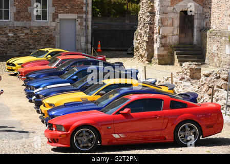 Ford Mustang-Owners-Club machen Sie eine Pause und parken ihre Fahrzeuge am Hof der Abtei während ihrer Tour von Belgien. Stockfoto