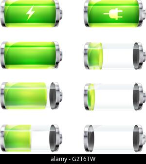 Satz von glänzenden Batteriesymbole mit verschiedenen laden Ebene und macht Zeichen auf weiß Stock Vektor