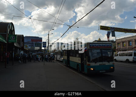 Städtischer Busverkehr in Kaliningrad Stadt. Blaugrau und NEOPLAN Bus an einer Haltestelle Stockfoto