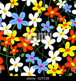 Nahtlose süß beschäftigt Daisy Blumenmuster in schwarz Stockfoto