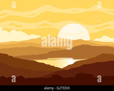 Berglandschaft mit gelben Sonnenuntergang Stock Vektor