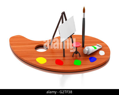 3D Renderer Bild. Staffelei malen und Farbe-Palette. Isolierten weißen Hintergrund. Stockfoto