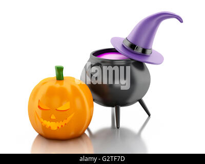 3D Renderer Bild. Halloween-Kürbis mit Hut und Hexe Topf. Isolierten weißen Hintergrund. Stockfoto