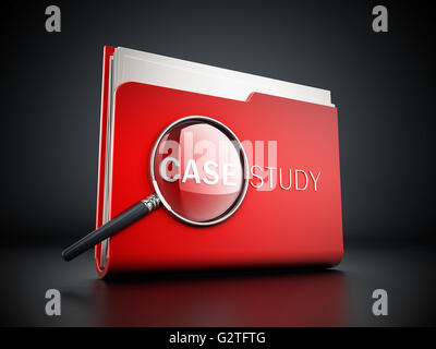 Fallstudie Text unter Lupe auf roten Ordner stehen. 3D Illustration. Stockfoto