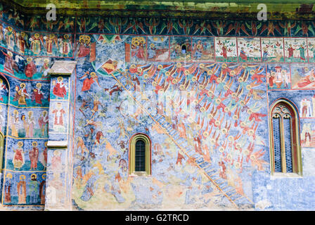 Klosters Sucevita; Kirche; Fresko des Treppenhauses der Tugenden, Rumänien, Moldau, Moldawien, Moldau Carpathians, Sucevita Stockfoto