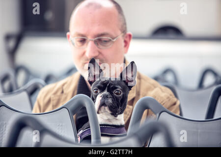 Mann mit Boston Terrier sitzend auf dem Boot Stockfoto