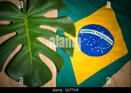 Brasilien Wimpel Flagge tropische Blätter auf rustikalen Naturfaser Rattan Hintergrund mit Stillleben mit Studio-Beleuchtung Stockfoto