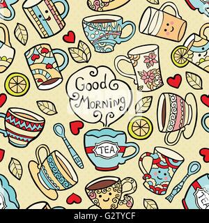 Karte mit Doodle-Tee-Zubehör und Text guten Morgen. Stock Vektor