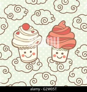 Zwei niedliche lächelnd Cupcakes auf Wolken. Stock Vektor