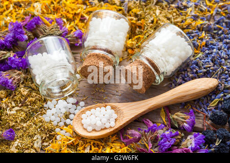 Flaschen mit Homöopathie Globuli und trockenen gesunden Kräutern. Selektiven Fokus. Ansicht von oben. Stockfoto