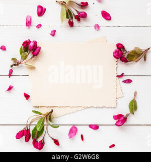 Alte leere Foto für den innen- und Rahmen von Apple Blumen auf weißem Hintergrund aus Holz. Flach legen, Top Aussicht. Stockfoto