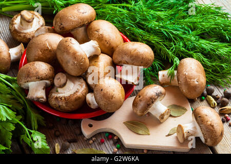 Pilze, Dill und Gewürzen auf Holztisch. Stockfoto
