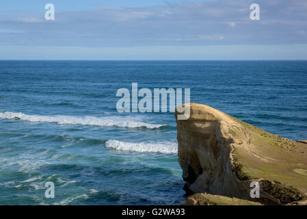 Dunedin, Neuseeland. 4. November 2015. Dunedin, New Zealand - 4. November 2015 - steht ein Tourist am Rande der Klippen von Tunnel Beach am 4. November 2015 in Dunedin, Neuseeland. © Dpa/Alamy Live-Nachrichten Stockfoto