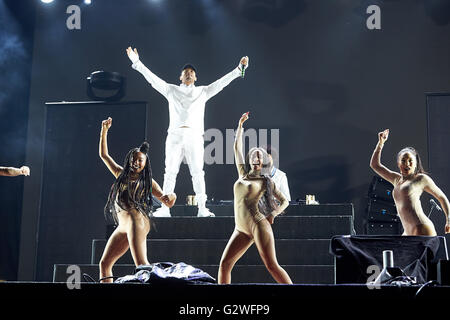 Mendig, Deutschland. 4. Juni 2016. US-Musik-Projekt "Major Lazer" beim Musikfestival führt "Rock am Ring" (Rock am Ring) in Mendig, Deutschland, 4. Juni 2016. Foto: THOMAS FREY/Dpa/Alamy Live News Stockfoto