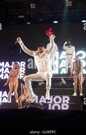 Mendig, Deutschland. 4. Juni 2016. US-Musik-Projekt "Major Lazer" beim Musikfestival führt "Rock am Ring" (Rock am Ring) in Mendig, Deutschland, 4. Juni 2016. Foto: THOMAS FREY/Dpa/Alamy Live News Stockfoto