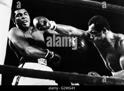 Datei - Datei Bild datiert 29. September 1976 zeigt U.S. Boxer Muhammad Ali (L) ausweichen einen Schlag seines Gegners Ken Norton während ihrer Schwergewichts-WM-Kampf in New York, USA. Cassius Clay geboren, starb Boxlegende Muhammad Ali, genannt "The Greatest" am 3. Juni 2016 in Phoenix, Arizona, USA, im Alter von 74, sagte ein Sprecher der Familie. Foto: UPI/dpa Stockfoto