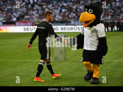 Gelsenkirchen, Deutschland. 4. Juni 2016. Deutschlands Shkodran Mustafi (L) schüttelt Hände mit Paule, Maskottchen des deutschen Fußball-Bundes (DFB), vor den internationalen Fußball freundlich match zwischen Deutschland und Ungarn in der Veltins Arena in Gelsenkirchen, Deutschland, 4. Juni 2016. Foto: FEDERICO GAMBARINI/Dpa/Alamy Live News Stockfoto