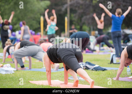 Brentwood, Essex, UK, 4. Juni 2016, Teilnehmer verpflichtet sich ein Sonnengruß an Masse Yogathon zugunsten der Geist Credit: Ian Davidson/Alamy Live News Stockfoto