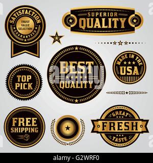 Eine Reihe von Qualität, Wert, Zufriedenheits-Garantie, made in USA, Versand, Etiketten und Abzeichen in schwarz und gold Blatt dargestellt Stock Vektor