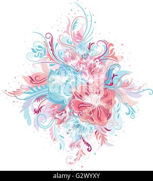 Romantische dekorativen Print mit Wirbel modernen Ornamenten und rosa und blauen Blumen für die Hochzeitsdekoration, Einladungen, Bekleidung Stock Vektor