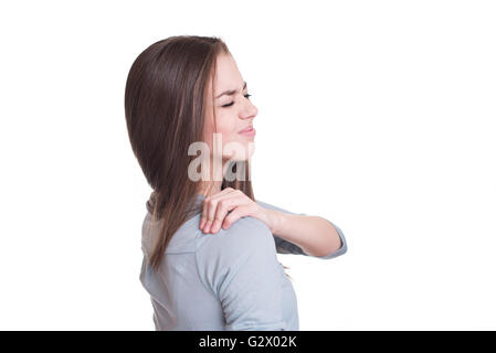 Frau mit Schmerzen in der Schulter Stockfoto