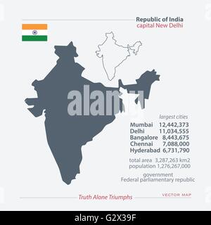 Republik Indien isoliert Karten und offizielle Flaggen-Symbol. Vektor-indische politische Kartensymbole mit allgemeinen Informationen. Südasien-c Stock Vektor