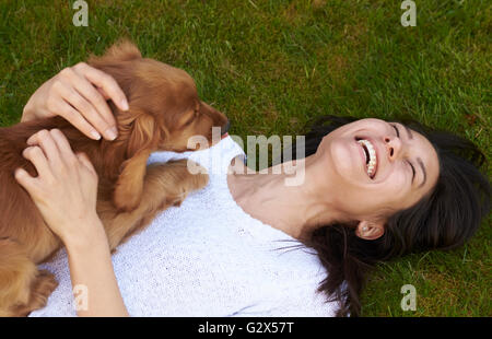 Eigentümer mit Cocker Spaniel Welpen im Garten spielen Stockfoto