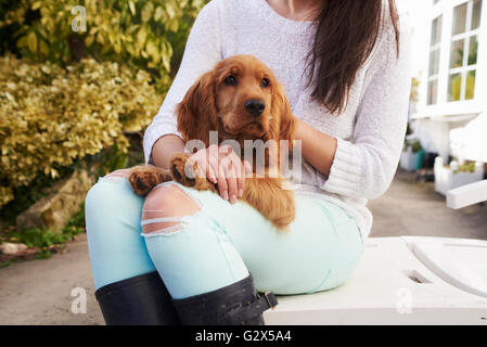 Nahaufnahme von Cocker Spaniel Besitzer kuscheln Hund nach dem Spaziergang Stockfoto