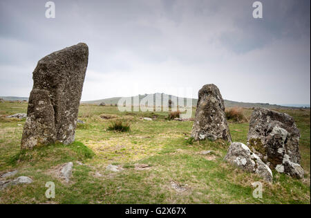 Die Bronzezeit Merrivale Steinreihen auf Dartmoor, Devon, England, UK Stockfoto