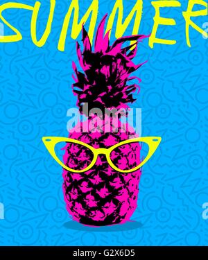 Retro 80er Jahre Sommer Konzept Außenillustration Ananas Frucht mit Hipster-Brillen und Memphis Style Formen Hintergrund Stock Vektor