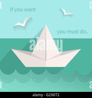 Flache Papier Schiff, Meer, Möwe Stock Vektor