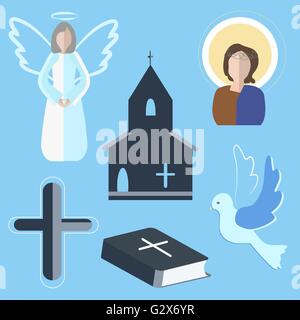 Legen Sie Ikonen Engel, Kreuz, Taube, Kirche Stock Vektor
