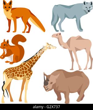 Legen Sie isolierte verschiedene Tiere Fuchs, Wolf, Giraffe, Protein, Kamel, Nashorn Stock Vektor