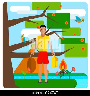 Tourist Guy ruht auf Natur. Zelt, Hintergrund, Baum Stock Vektor