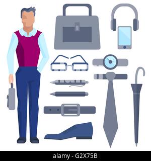 Cartoon Geschäftsmann mit Bürozubehör-set Stock Vektor