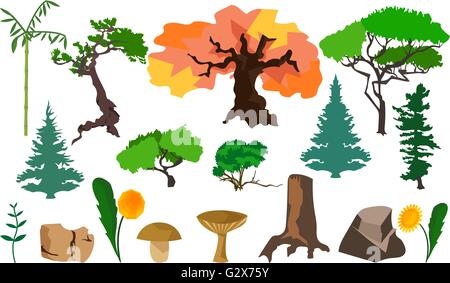 Stellen Sie Pflanzen Bäume, Pilze und Steinen Stock Vektor