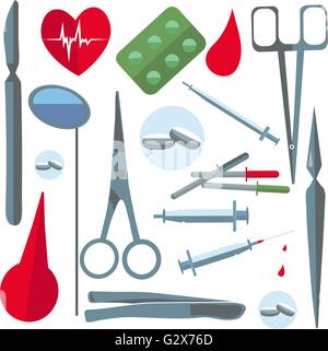 Legen Sie isolierte medizinische Artikel, Werkzeuge, Scheren, klistier, Tabletten Stock Vektor
