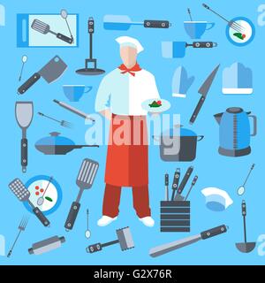 Set Kochen Küche Elemente Kaffeemaschine, Messer, Bratpfanne Stock Vektor